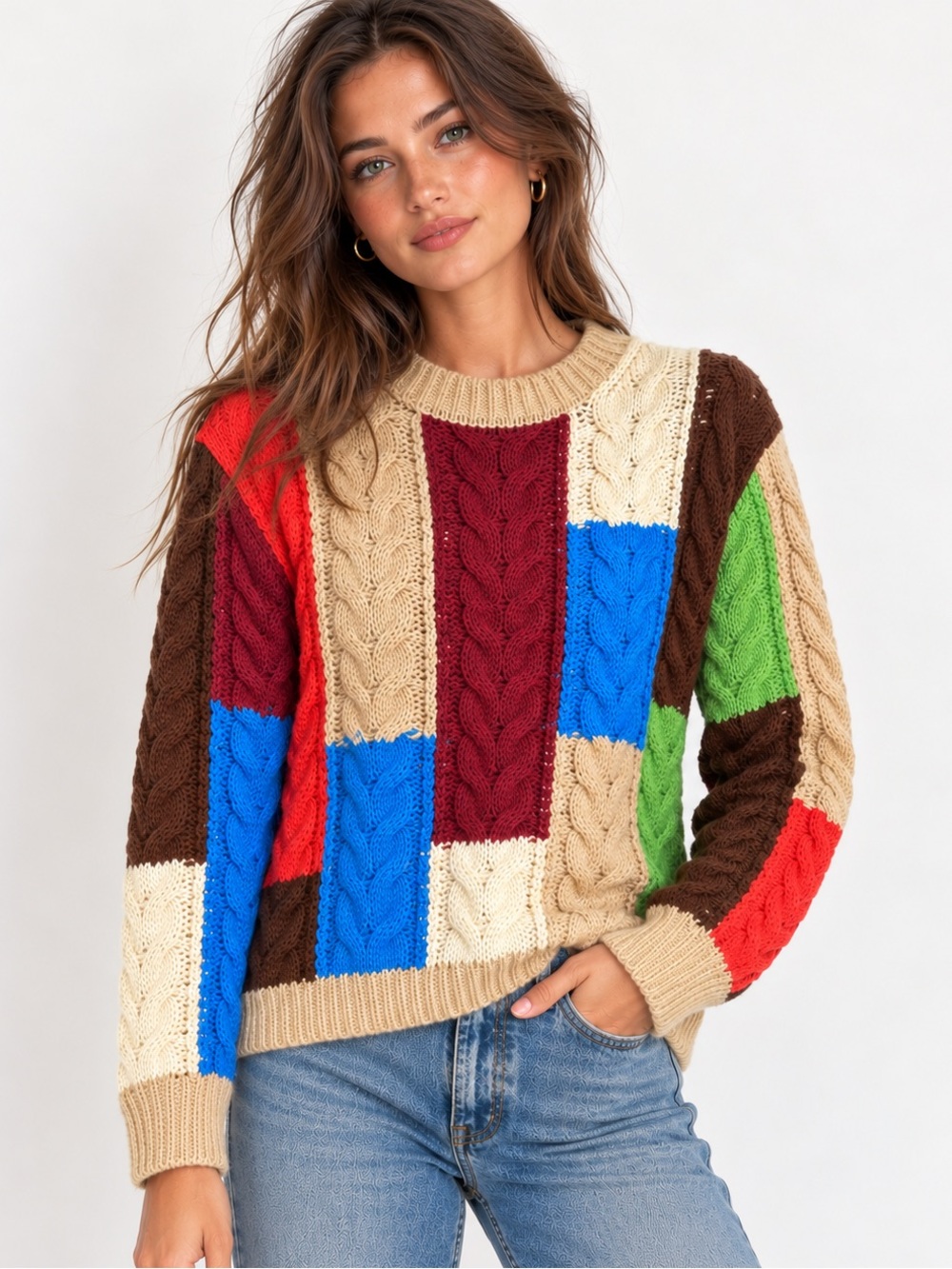 BIBI Multicolor Patchwork Cable Knit Statement Sweater M/L